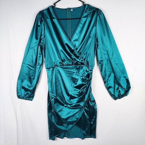 Yajedo Dresses & Skirts - Yajedo Satin V-Neck Dress Size Medium Green Party/Cocktail Long Sleeve New